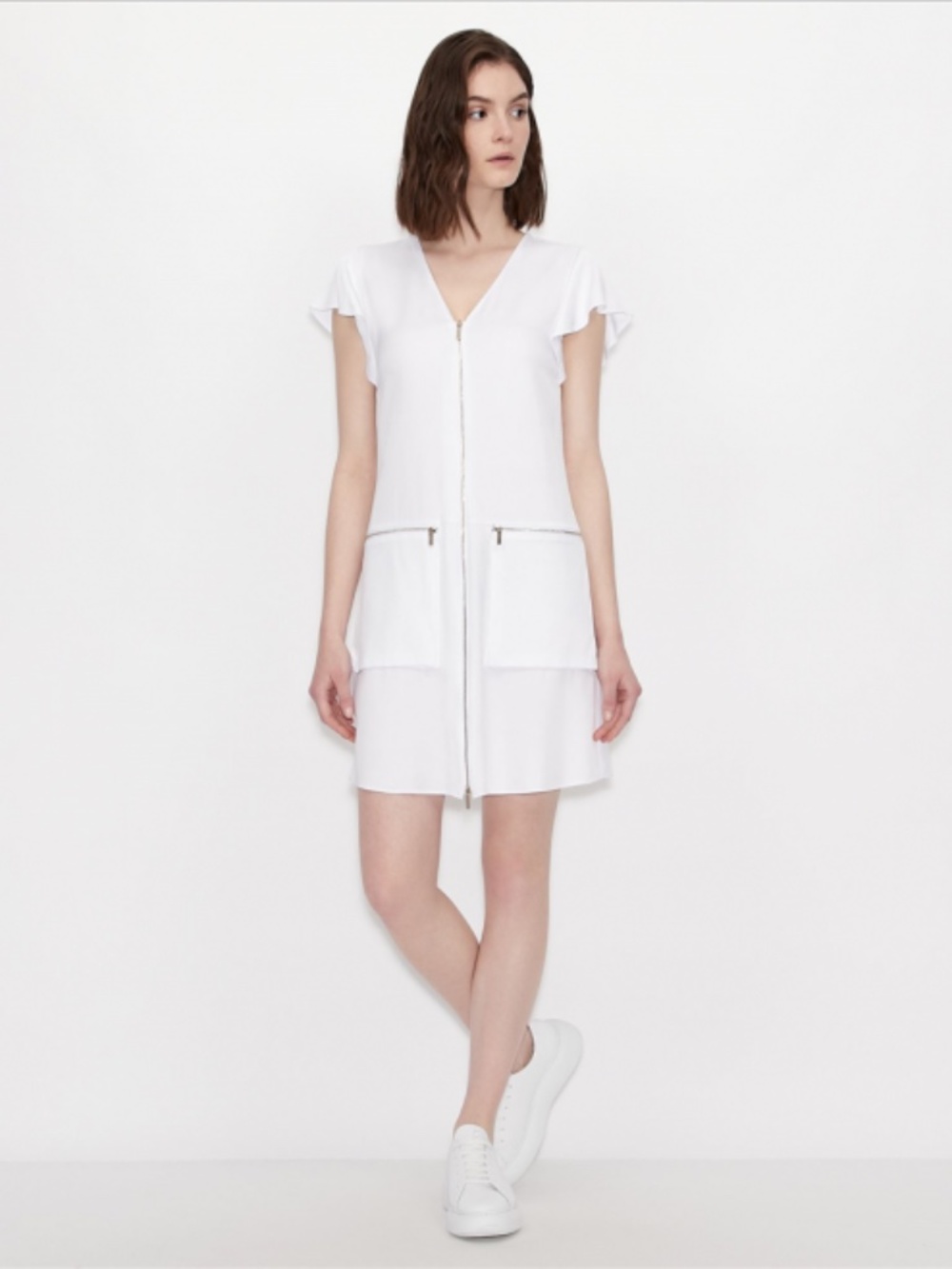NWT Armani Exchange White Front Zip-Up Flutter Sleeve V-Neck Mini Dress Size 4
